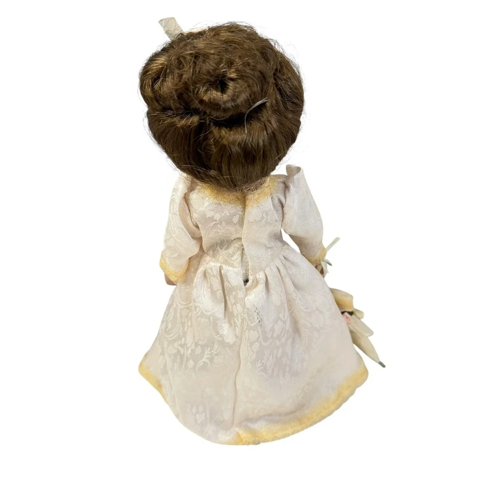 Victorian Porcelain Doll 11 Inch Cream Lace Dress Parasol Stand Brunette